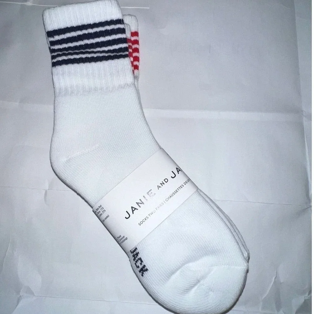 Janie and Jack Crew Socks Kids M White Navy Red Striped 2-Pack Ribbed Athletic